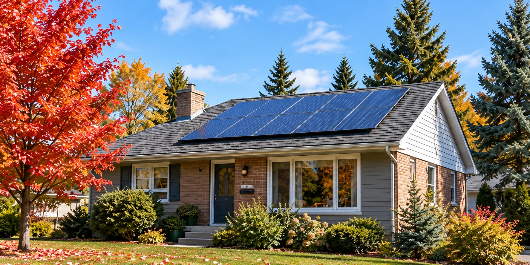 Illustration of a Canadian bungalow with rooftop solar and autumn trees
